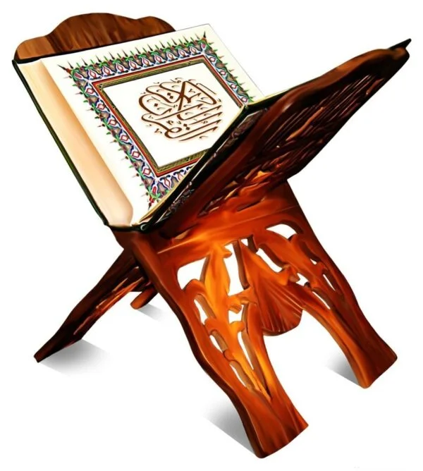 An open Quran on a wooden stand